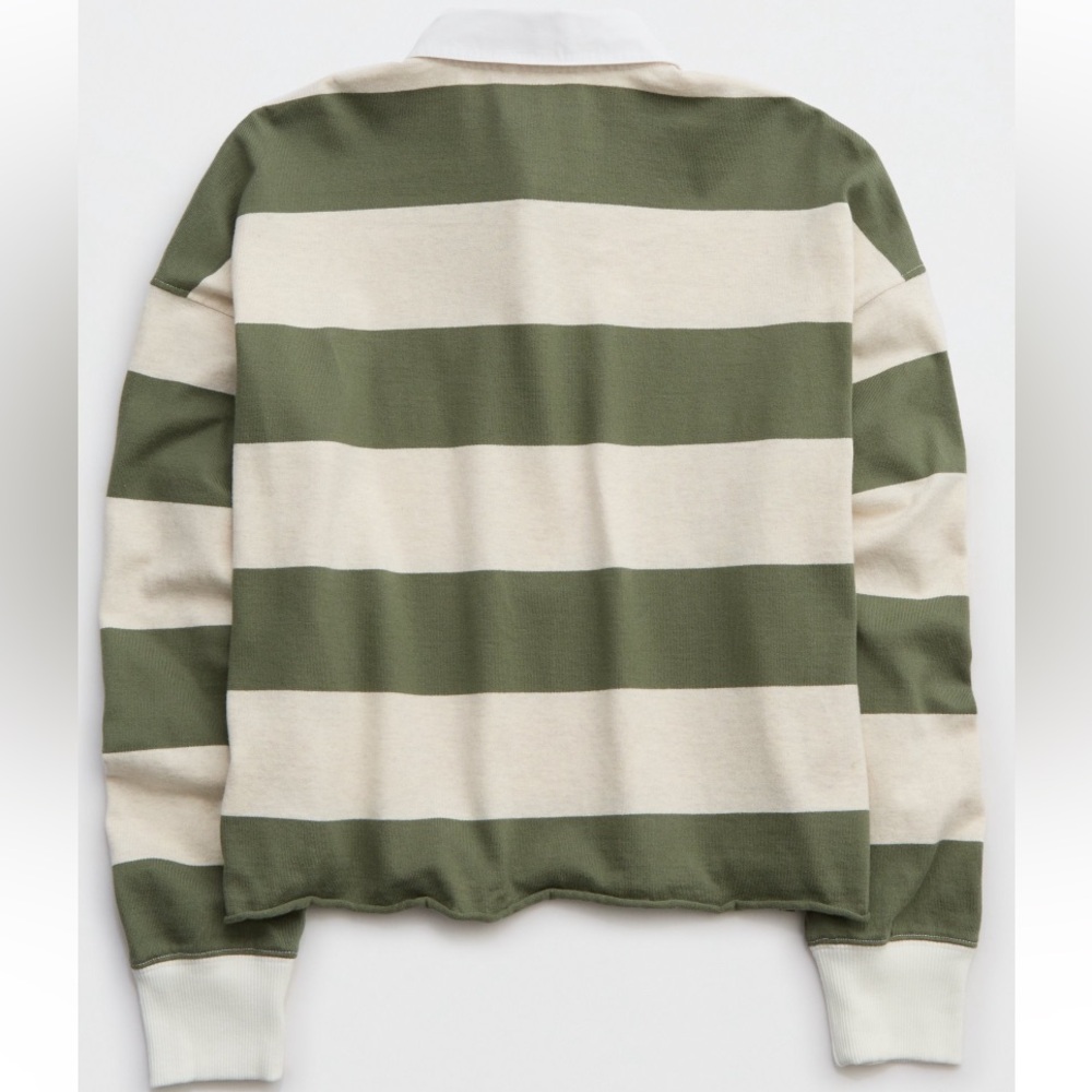 AERIE Striped Olive Green and White Collared Long Sleeve Cropped Rugby Polo - Picture 5 of 8
